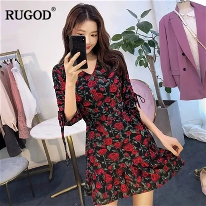 RUGOD/женское платье с цветочным принтом и v-образным вырезом мини-платье коротким
