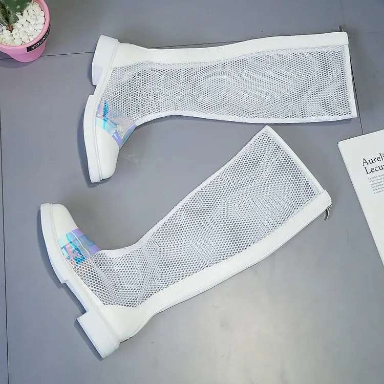 Летние женские ботинки; zapatillas mujer; теннисные сетчатые Сапоги выше колена на платформе; Botines Mujer; коллекция года; Женская дышащая обувь на плоской подошве в стиле хип-хоп