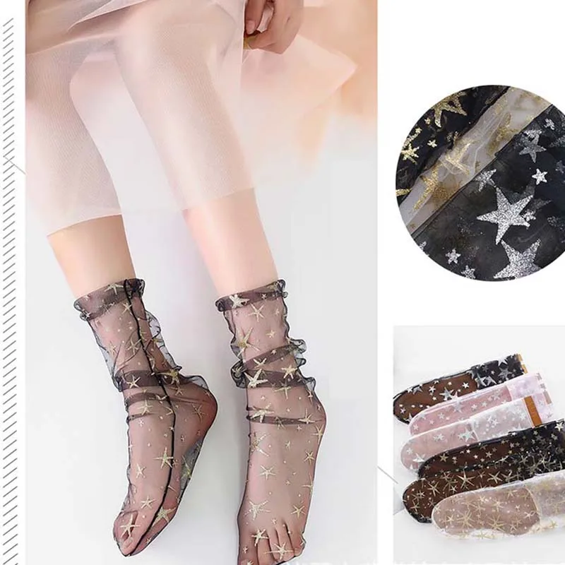 [WPLOIKJD]Fairyism Moda Mujer 2018 прозрачные блестящие шелковые кружевные сетчатые носки в