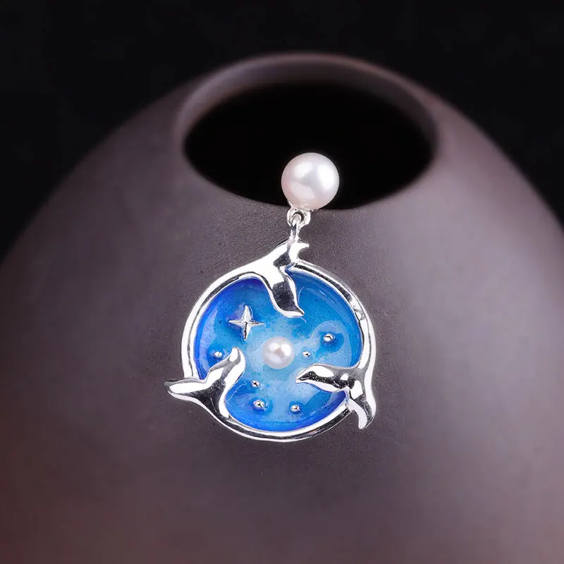 Серьги для женщин BOCAI S925 из стерлингового серебра в стиле Handmade Ladies Burnt Blue Mermaid Dreams Thai.