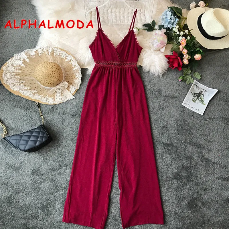 ALPHALMODA выдалбливают комбинезон на бретелях летние богемные широкие брюки с