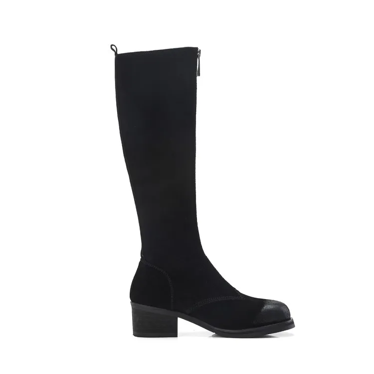 

MLJUESE 2018 women knee high boots cow suede zippers retro winter warm fur boots square heel short plush high boots size 33-40