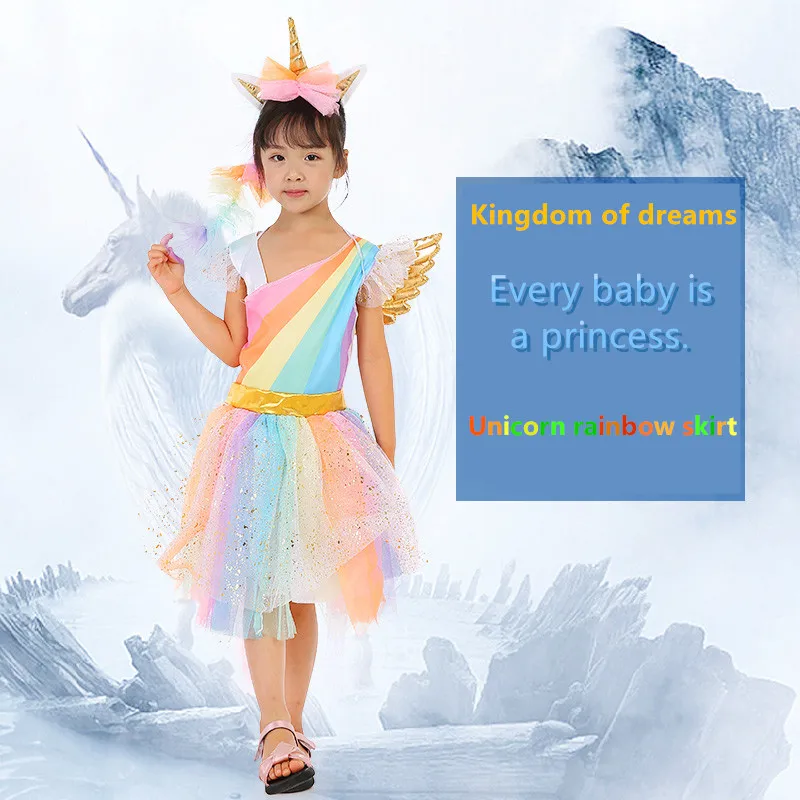 DKDGNY Kids Rainbow Unicorn Dress Girls Cosplay Costume Children Princess Dresses Hair Hoop Wing Set Halloween Party Tutu | Детская