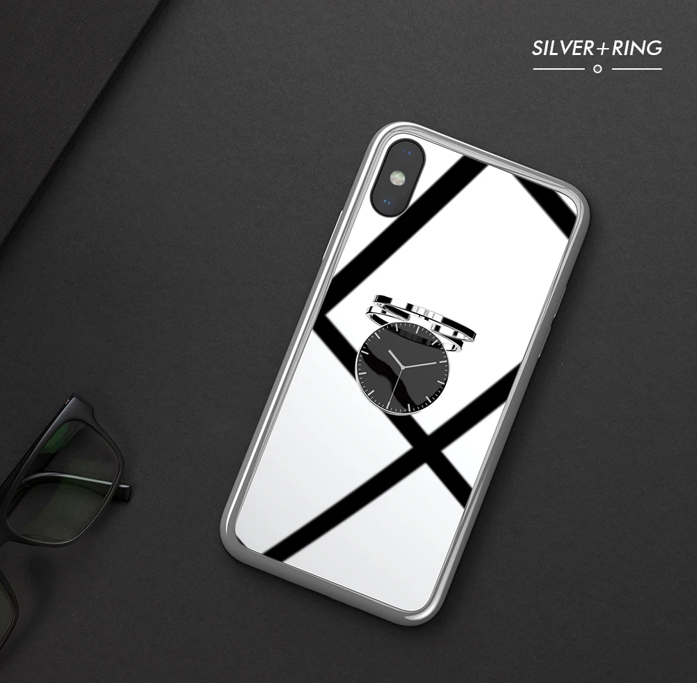 KEYSION чехол из закаленного стекла для телефона для iPhone Xs Max XR покрытие Блестящий ТПУ задняя крышка для iPhone XS X XR с часами палец кольцо