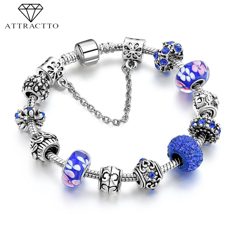 

ATTRACTTO New Fashion Blue Crystal Beads Charm Bracelets & Bangles For Women Vintge Heart DIY Jewelry Bracelets Femme SBR170093