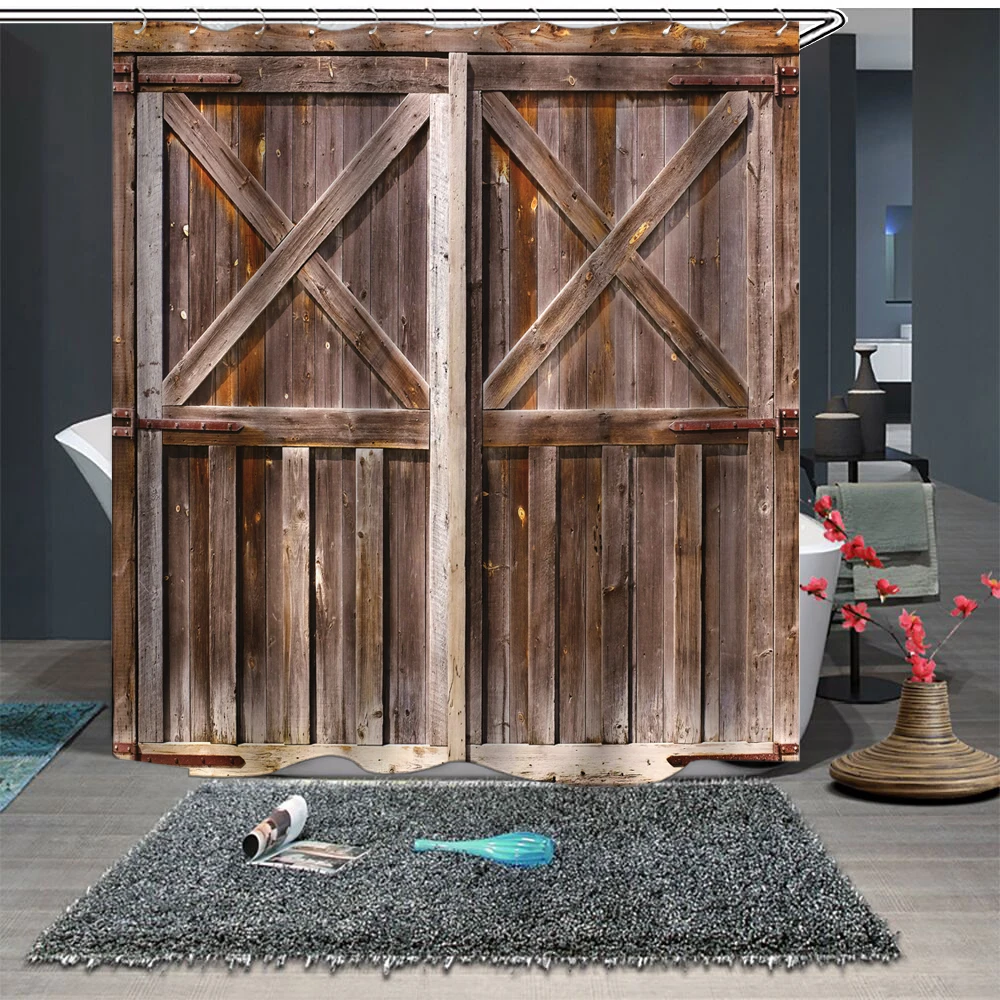 

Custom Made Shower Curtain Bathroom Curtain Partition 1.5 x 1.8m 1.8 x 1.8m 1.8 x 2m Retro Wooden Door
