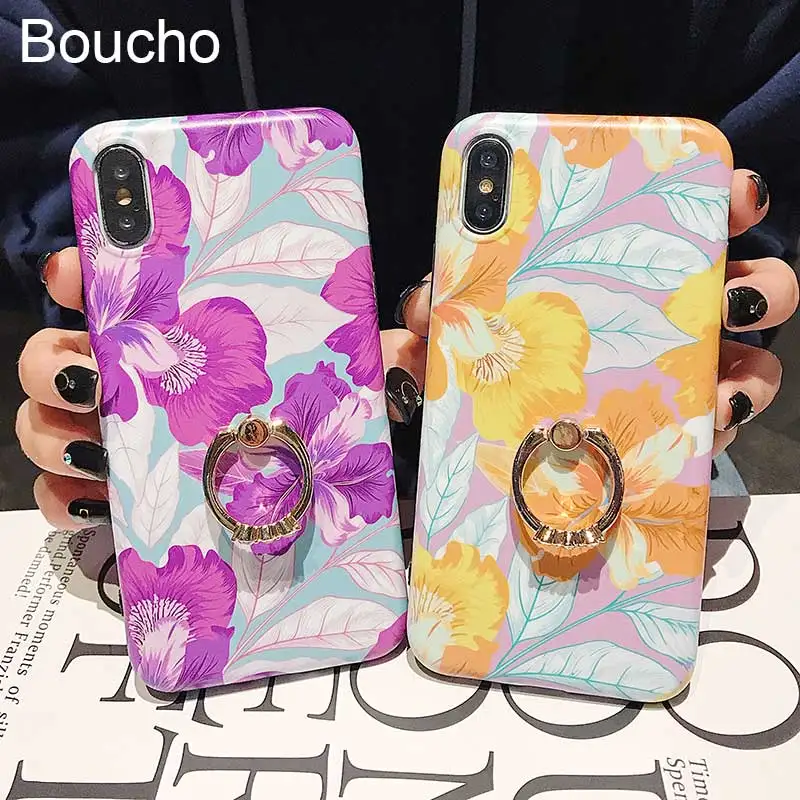 Чехол Boucho с кольцом держателем для iphone 7 8 plus XR X Модный чехол цветами XS MAX 6 6s на