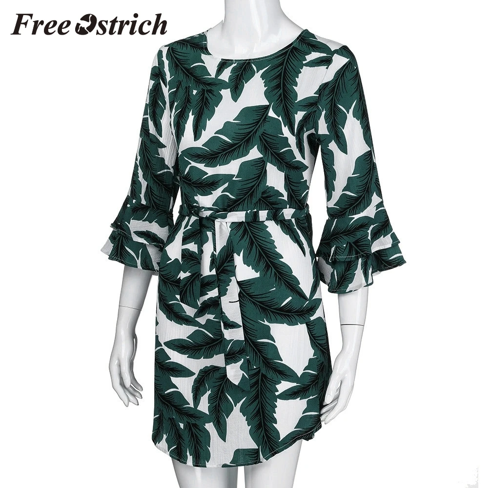 Женское Повседневное платье в стиле бохо с принтом листьев три четверти мини
