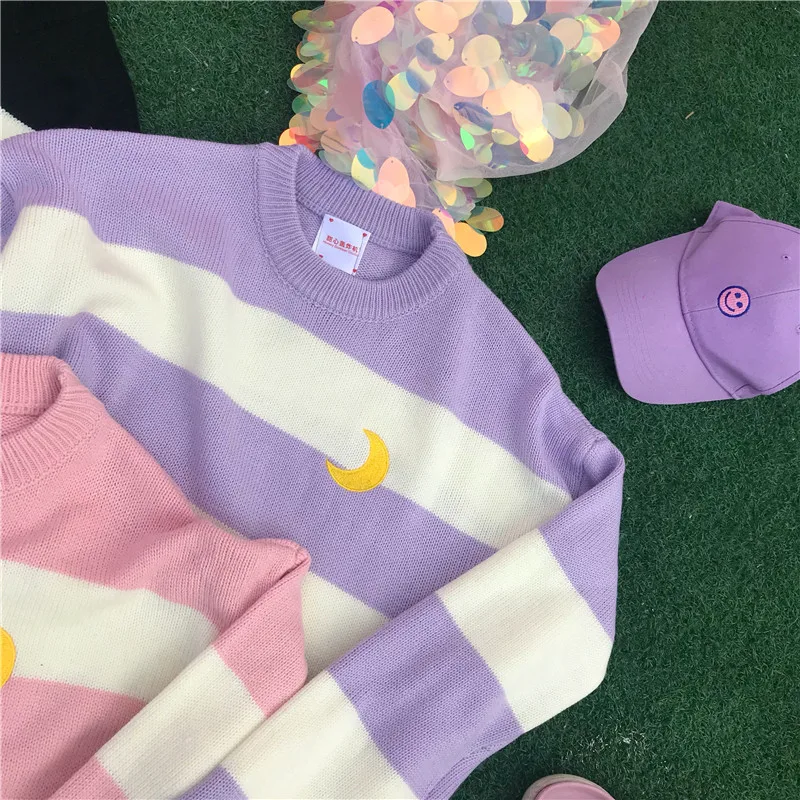 Harajuku модные женские туфли свитер сладкий Карамельный цвет полосатый вязаный свитер Симпатичные Луна вышивка хлопок Для женщин пуловер свитер