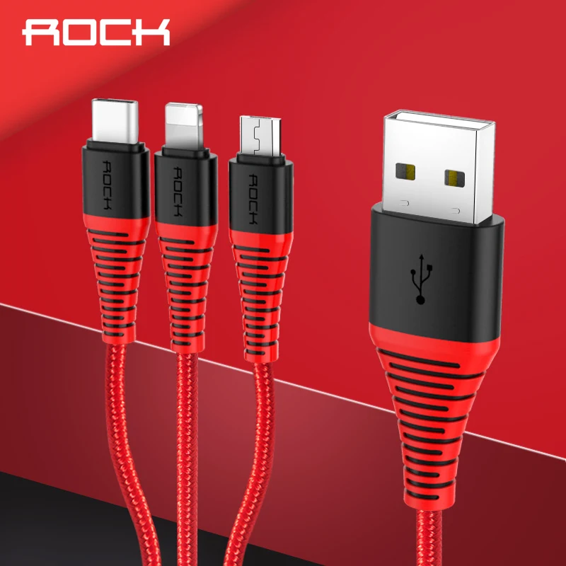 ROCK 3 в 1 usb type C Micro USB и зарядный кабель для iPhone, высокопрочный зарядный USB кабель для iPhone X 8 7 6 6 Plus