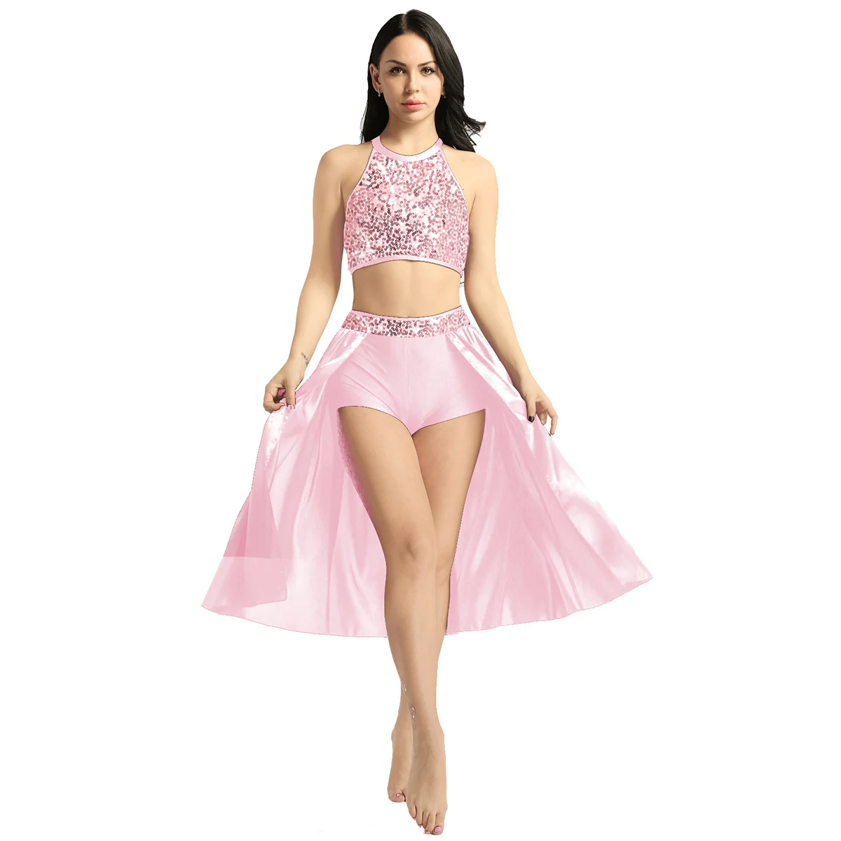 Pink Женские Женские Балетные платья для спортивных танцев топ с блёстками открытая передняя Одежда для танцев со встроенным трико для танцевальной гимнастики костюмы - Цвет: Pink