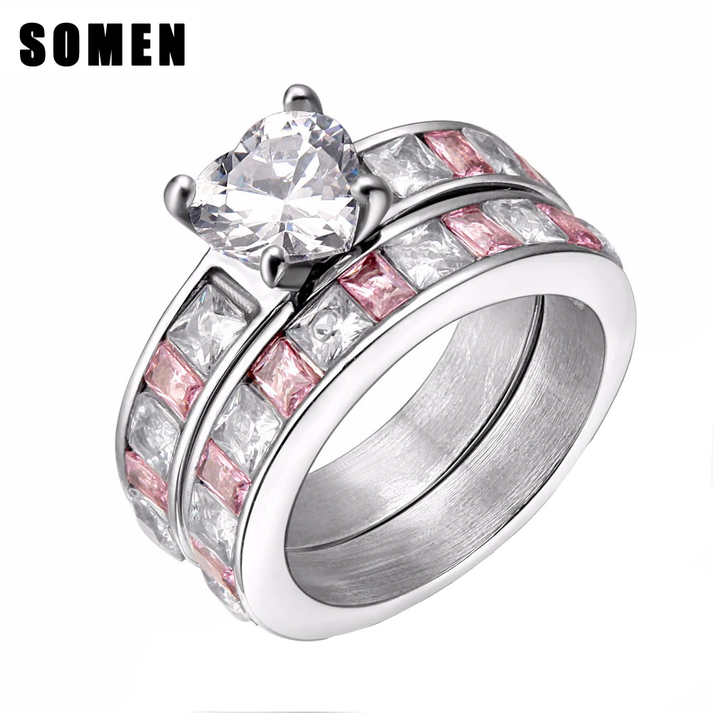 Женский набор колец из нержавеющей стали с розовым кубическим цирконием и