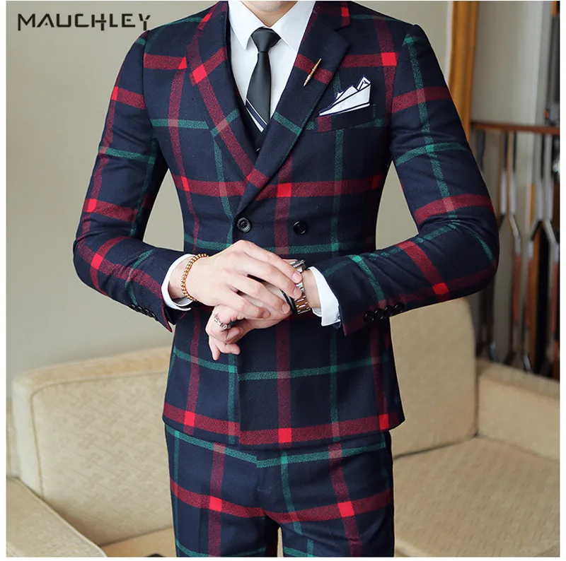 

Двубортный мужской костюм, жилет со штанами, классические клетчатые костюмы, 3 предмета, приталенный крой, 3XL, свадебные костюмы для мужчин, с...