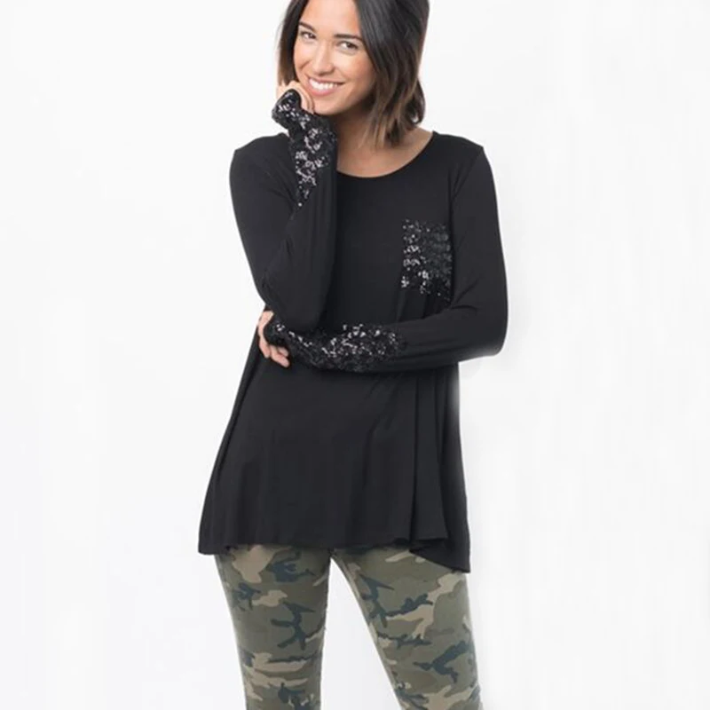 Новые осенние Для женщин карманов блесток футболки Мода хлопок женский с длинным