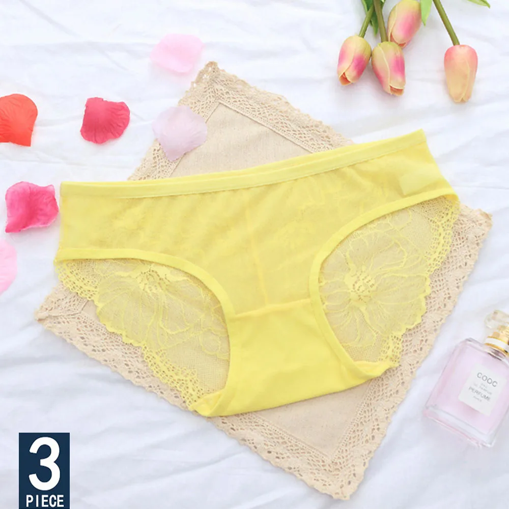 Yellow 3 шт., сексуальные кружевные трусики, женские прозрачные трусы с низкой посадкой, дамское нижнее белье, трусы большого размера, нижнее белье, трусики - Цвет: Yellow