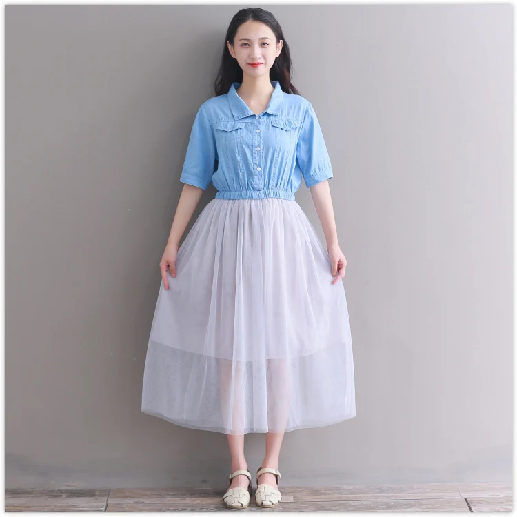 2018 latest fashion women denim vintage dress short sleeve casual mesh | Женская одежда
