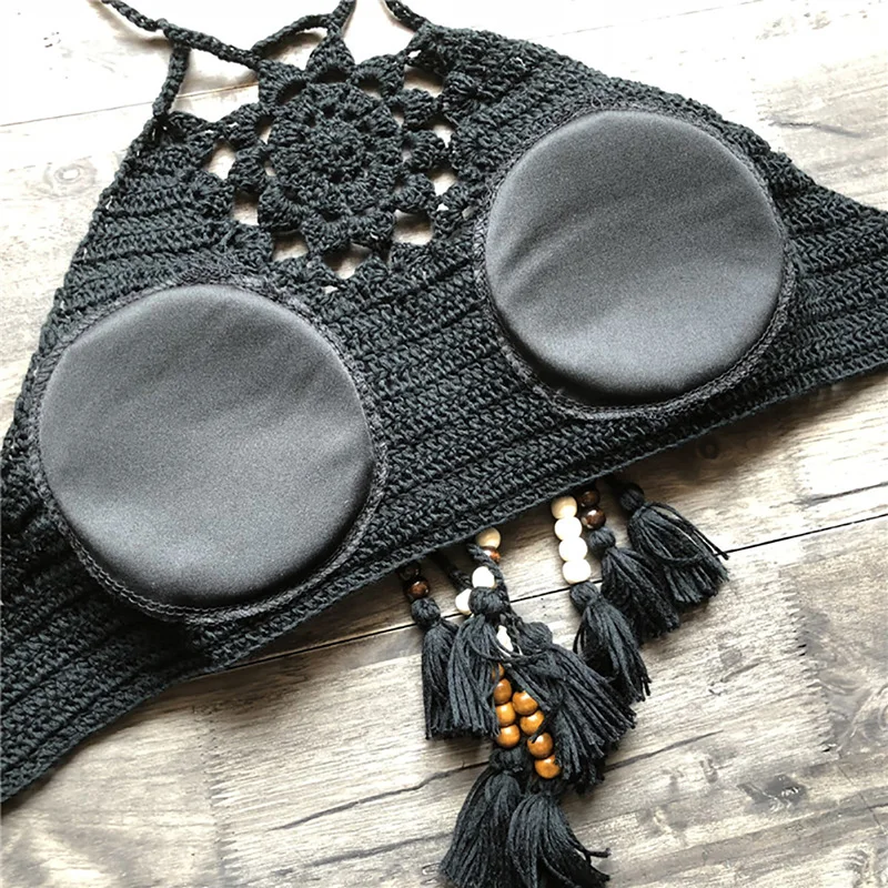 Boho пляж бикини Холтер Cami женщины крючком кружева Bralette вязать бюстгальтер Танк укороченный топ
