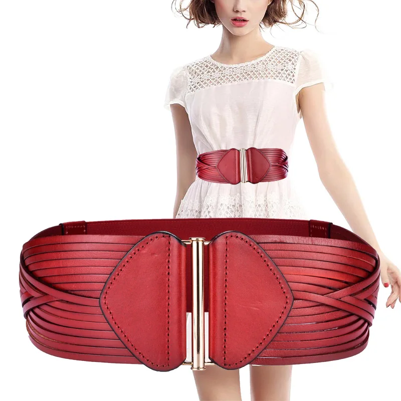 Wide Belt For Women Vintage Fashion Genuine Leather Elastic Waistband Female Red Black Accessories Slimming Belt Ceinture Femme