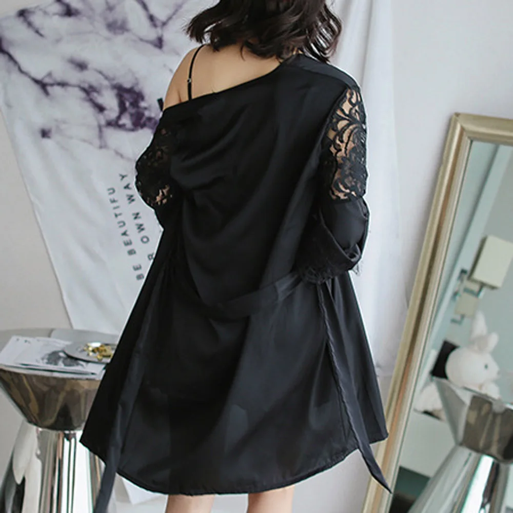 2019 зимние Для женщин соблазнительный атласный Шелковый кружевное кимоно Пижама