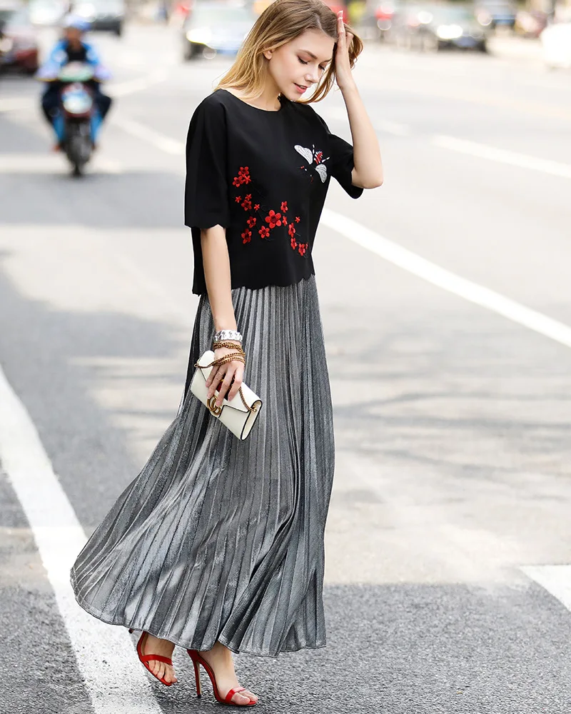Серебристая, золотая, металлическая плиссированная юбка, Женская юбка макси, миди, Женская эластичная юбка с высокой талией, зимние, вечерние, красные, синие