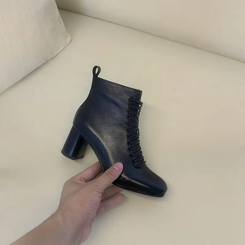 leather inside black EGONERY/Офисные ботильоны; Рабочая женская из телячьей кожи; осенне-зимняя обувь для девочек на высоком каблуке с молнией; цвет белый, черный; Прямая - Цвет: leather inside black