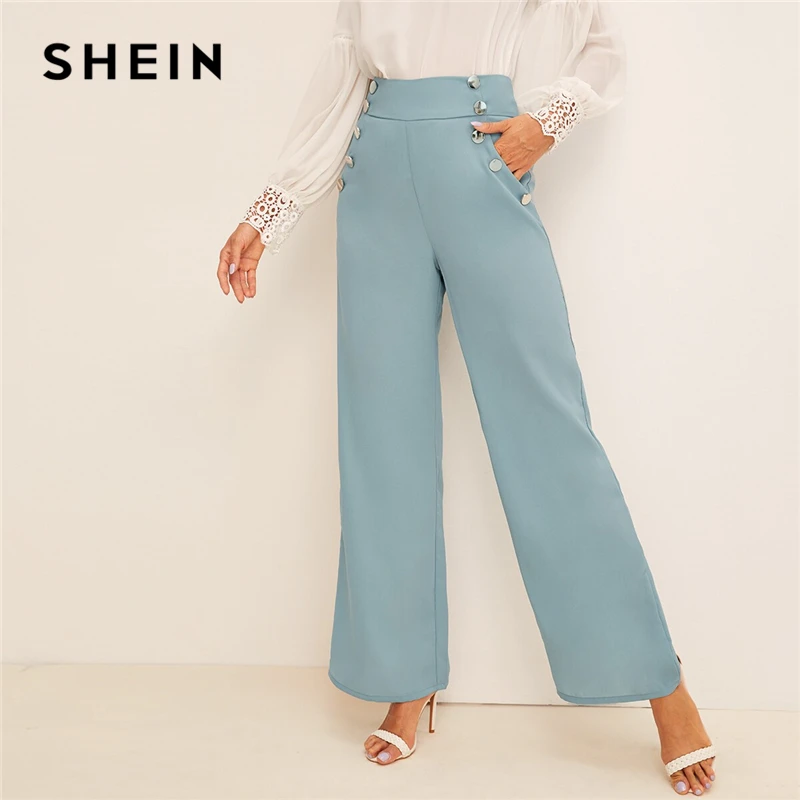Женские широкие брюки SHEIN однотонные синие винтажные свободные с эластичной