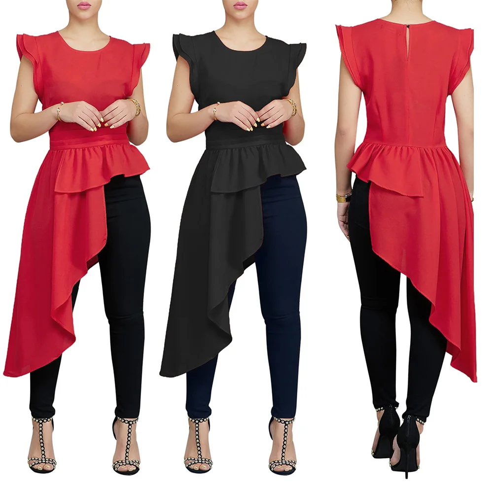 Женская Асимметричная Блузка с оборками асимметричный облегающий топ круглым