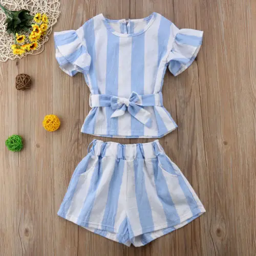 Girls Light Blue Stripe Tops T-shirt Shorts Outfits Clothes |