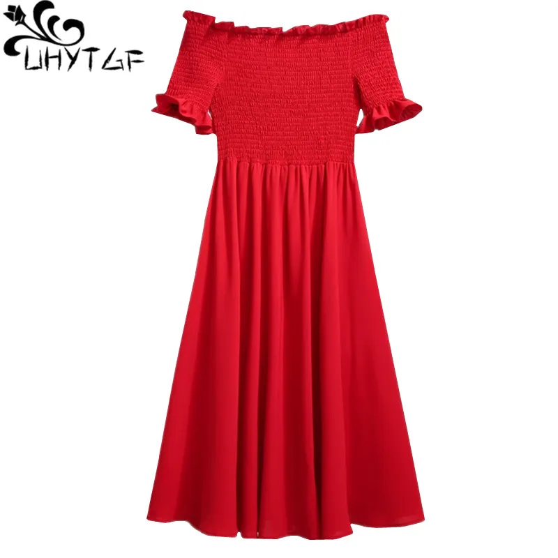 

UHYTGF Summer dress women Fashion Ruffle sleeve pleated elegant dress Red Black off shoulder Sexy evening party dresses 4XL 689