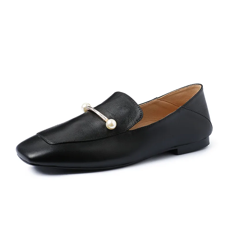 black loafers Новое поступление; Лоферы без шнуровки из натуральной кожи; женская повседневная обувь на все сезоны; женская обувь на плоской подошве с квадратным носком; цвет черный, телесный; криперы - Цвет: black loafers