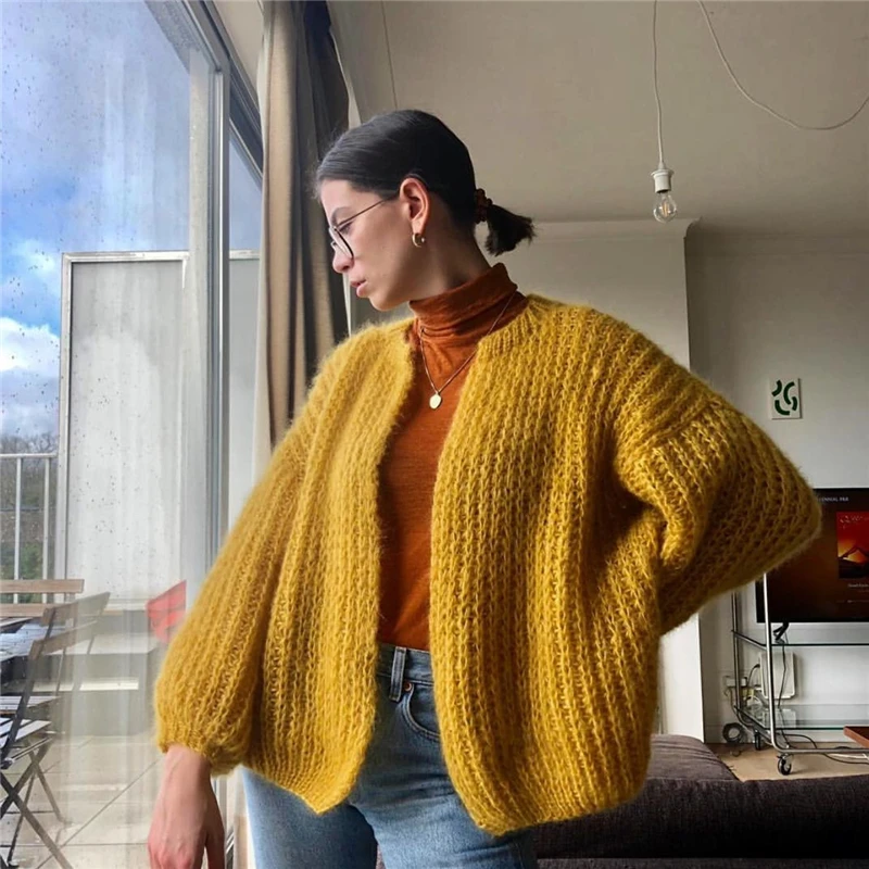 2019 Women Knit Fashion Lantern Sleeve Casual Knitted Poncho Sweaters Coat Lady Spring Wool Cardigan |