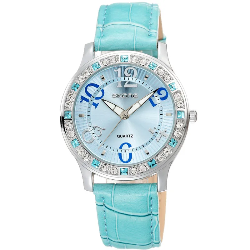 SKONE новый дизайн модные со стразами кожаные женские роскошные часы повседневные