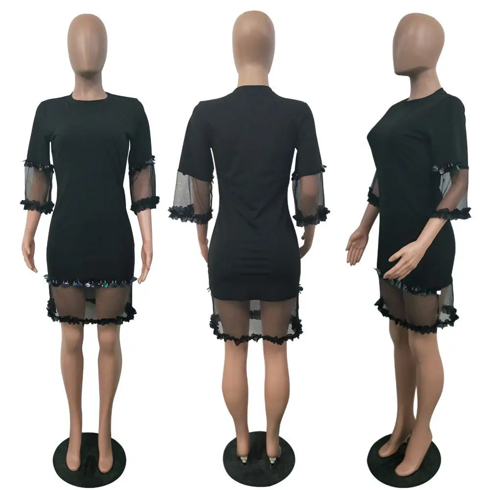 2018 Black Mesh сращивания Видеть Сквозь Сексуальное Платье Лето Половина рукава Laciness