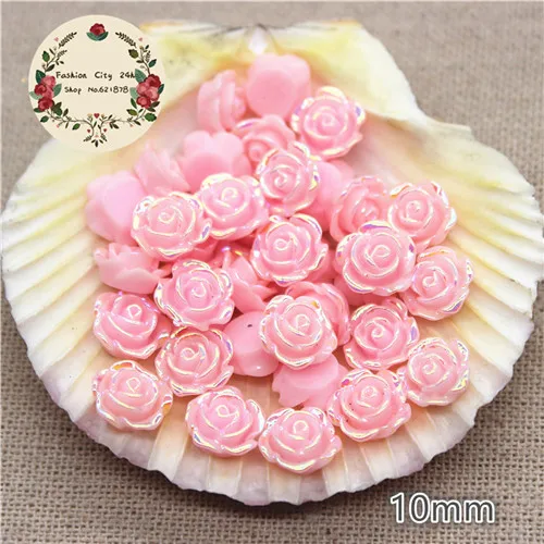 Pink AB 50pcs 50 шт 10 мм блестящие AB черные/розовые цветы из полимера, розы с плоской задней стороной кабошон аксессуары для украшения DIY Ремесло Скрапбукинг - Цвет: Pink AB 50pcs