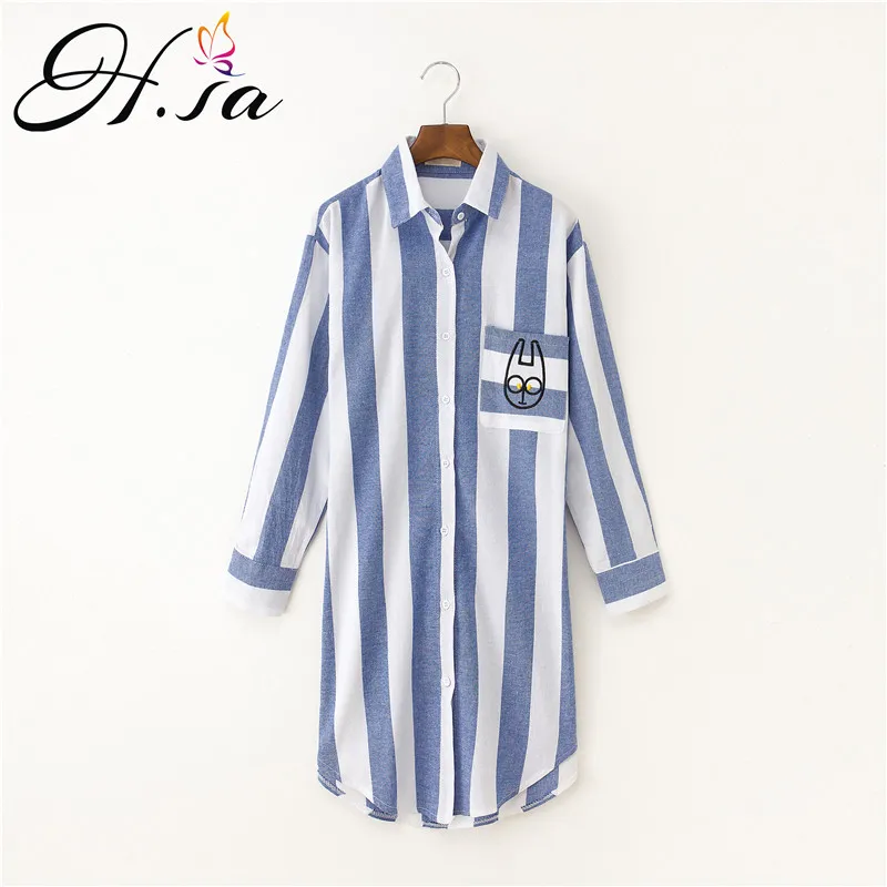 SYYS807 Blue H. SA Blusas Feminina, синяя блузка в полоску с длинным рукавом, женские блузы с вышивкой, свободные, большие размеры, длинная рубашка, топы - Цвет: SYYS807 Blue