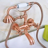 antique red copper brass dual cross handles wall mounted clawfoot bath tub faucet mixer tap with hand shower spray mna341