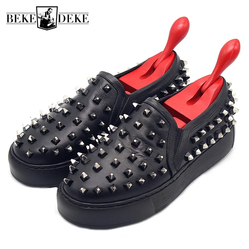 preço Preto Grosso-Sola Mocassins De Luxo Rebite Do Punk Sapatos Plataforma Sneakers Homme Dos Homens Designer De Couro Genuíno Flats Casual Calçado Homem