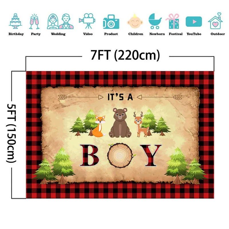 Wild One Photo Backdrop It's Boy Woodland Bear and Fox Buffalo Background Baby Shower Cake Table Banner Decoration | Электроника