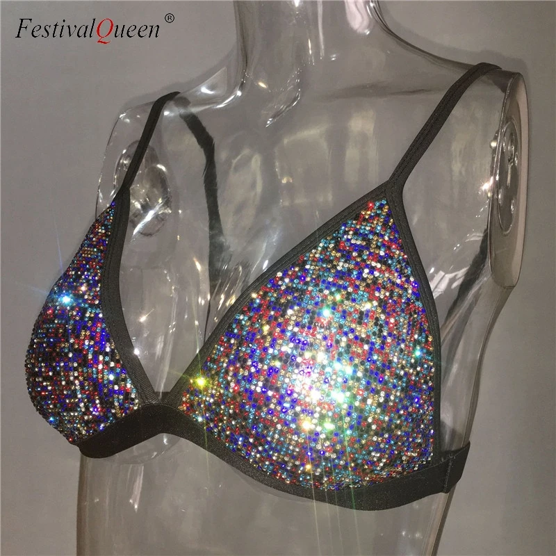 FestivalQueen комплект из двух предметов: бюстгальтер с блестками и бриллиантами, сексуальный женский бюстгальтер на тонких бретельках с низкой талией, пляжный бюстгальтер с бриллиантами