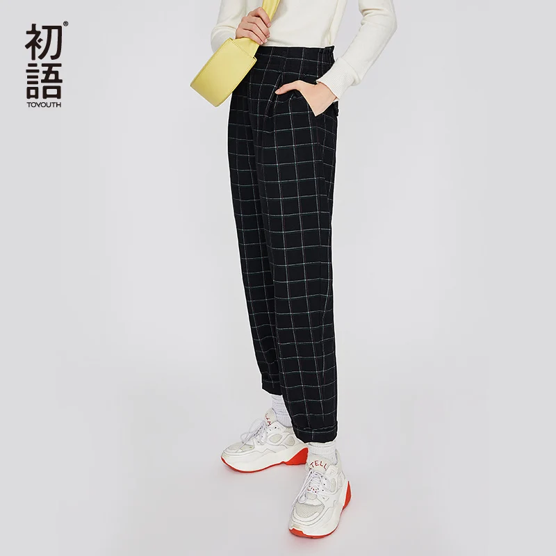Toyouth черный Винтаж штаны в клетку Для женщин прямые шикарные брюки Harajuku брюки в клетку тонкий женский свободно Pantalon Mujer