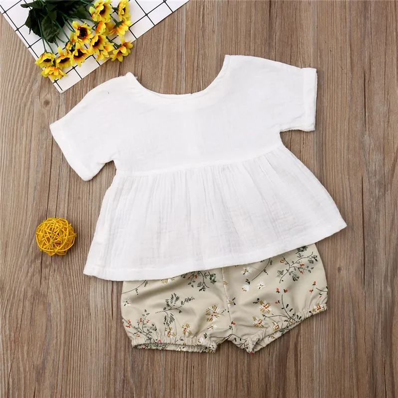 

2019 New Summer Infant Baby Girls Clothes Cotton Linen Outfits Short Sleeve Buttons Shirts Tops Floral Print Pants Shorts 0-18M