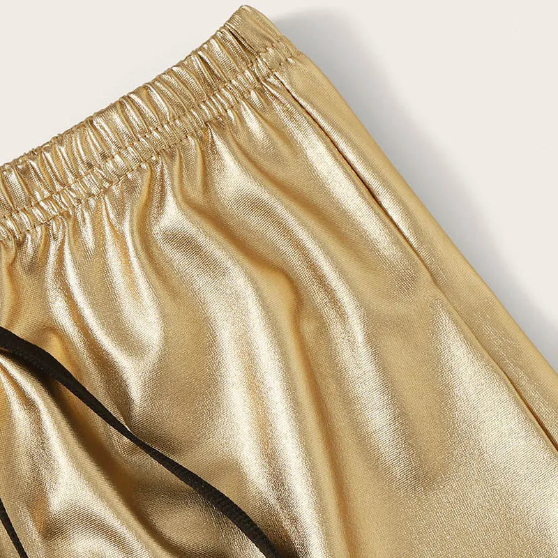SHEIN однотонные шорты из искусственной кожи с завязками на талии, женская одежда, женские Гламурные Серебристые летние шорты с эластичной талией