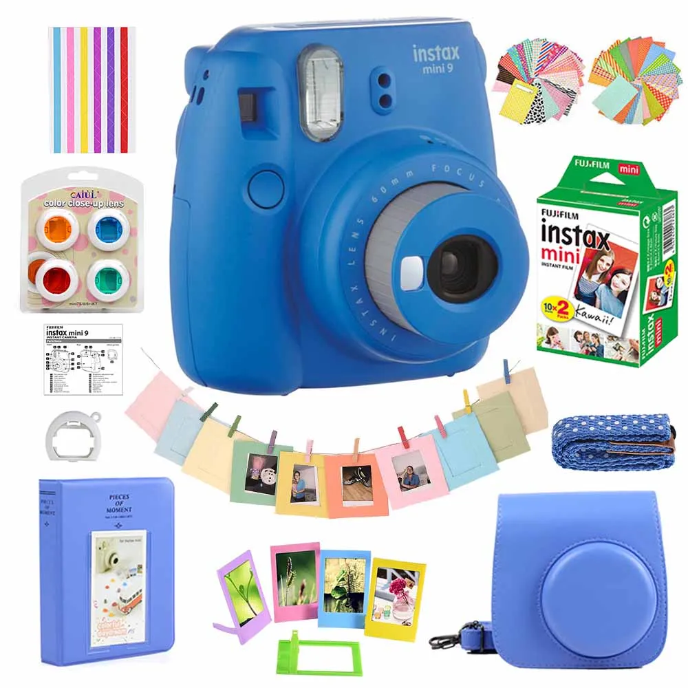 5 цветов Fujifilm Instax Mini 9 фотокамера моментальной печати+ 20 листов мини 8 белых фотопленок+ чехол+ альбом+ фильтры+ рамки - Цвет: Cobalt Blue Set