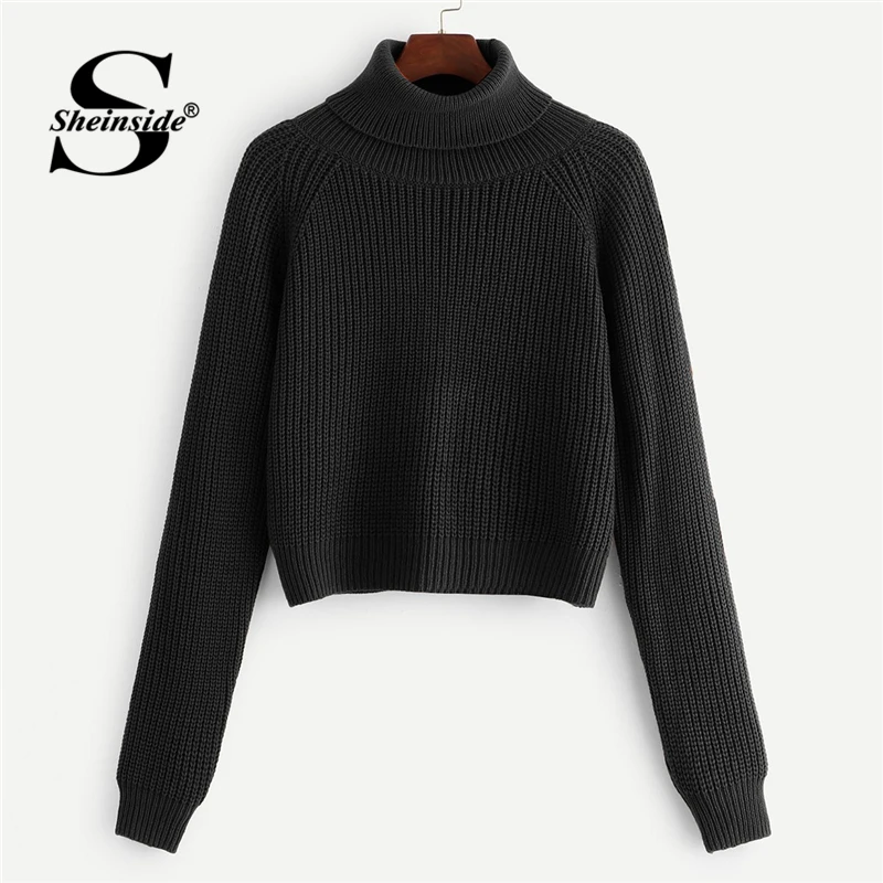 Sheinside Черный Кофейный укороченный свитер женские пуловеры с круглым вырезом реглан рукав джемпер Осень Зима Топы для женщин s трикотажные свитера