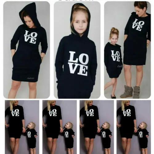 Семейные одинаковые наряды одежда платье для мамы и дочки семейные зимнее черное