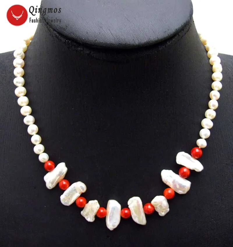 Qingmos Natural Pearl Necklace for Women with 6-7mm Round &amp12-15mm Biwa &amp 6mm Red Coral Jewelry 17'' Nec6126 | Украшения и