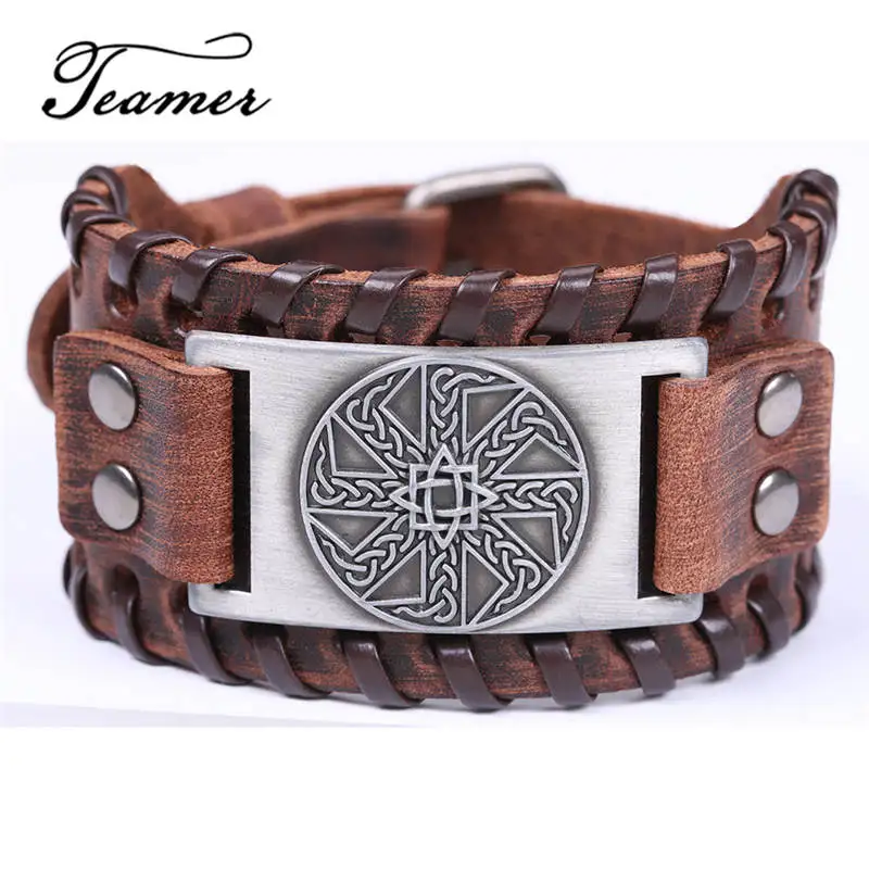 Teamer Slavic Brown Leather Bracelets for Men Star Anise Closed Round Charm Amulet Wide Braid Bracelet Vintage Viking Jewelry|Браслеты с