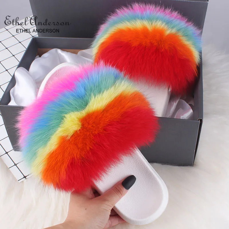 Rainbow(White) Ethel Anderson/женские меховые тапочки; женские модные пушистые шлепанцы с натуральным лисьим мехом; женские меховые шлепанцы - Цвет: Rainbow(White)