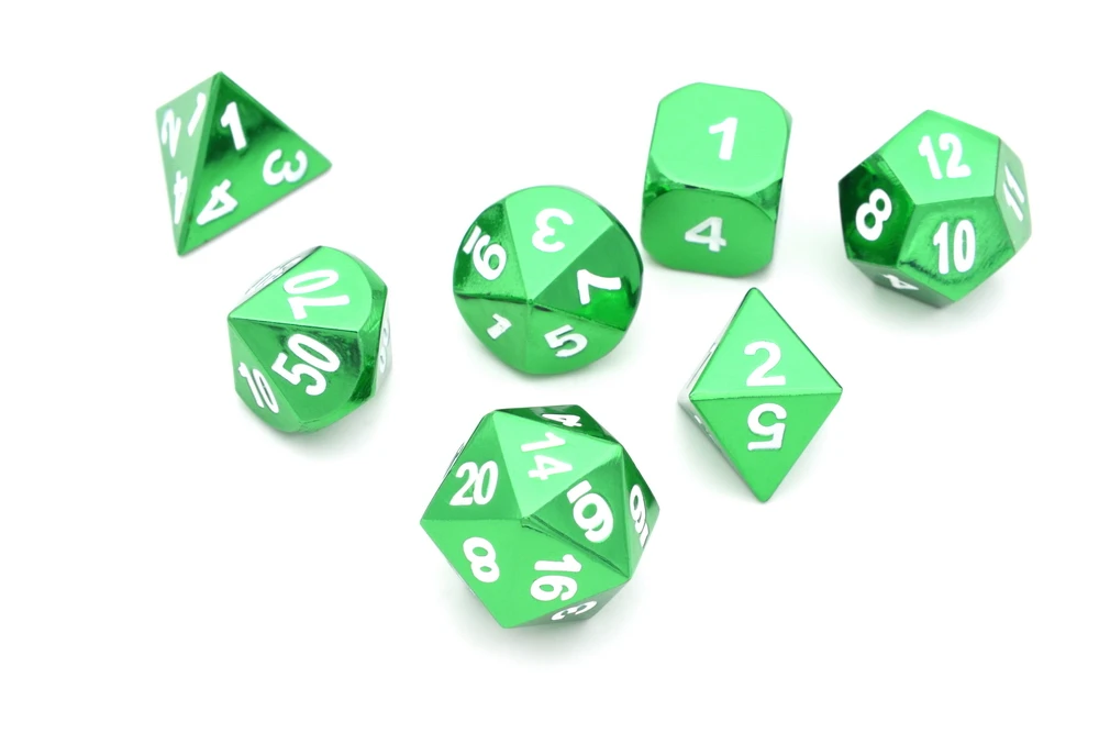 Зеленые металлические игральные кости DND многогранные игральные кости D20 D12 D10 D% D8 D6 D4 для ролевых игр MTG настольные игры с мешочком на шнурке