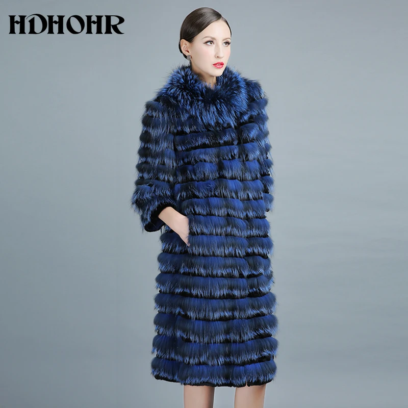 HDHOHR 2022 New 100% Real Silver Fox Fur Coat Winter High Quality Genuine Fox Fur Coats For Women 100cm Long Style Fur coats enlarge
